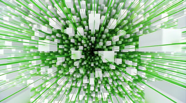 Abstract zoom in through white cubes and green data lines no people