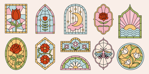 Set of stained-glass cathedral windows with floral ornaments. Abstract mediaeval borders with rose flowers, tulips, butterfly engraving. Geometric illustrations in outline frames. Vector graphic © Olga