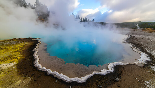 Source chaude g&eacute;othermique bleue fumante avec d&eacute;p&ocirc;ts de min&eacute;raux dans un paysage volcanique
