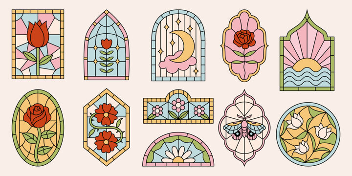 Set of stained-glass cathedral windows with floral ornaments. Abstract mediaeval borders with rose flowers, tulips, butterfly engraving. Geometric illustrations in outline frames. Vector graphic