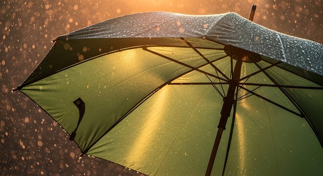 An open green umbrella against a blurred urban background at dusk. april showers umbrella