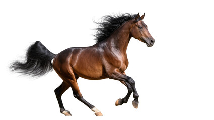 Majestic brown horse with flowing black mane and tail galloping, isolated on transparent background © Miguel