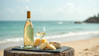 Obraz premium Wine bottle and cheese assortment sit on a log near the ocean waves. Beach setting offers refreshing drink and food. Blue sky and water backdrop for seaside relaxation and enjoyment.