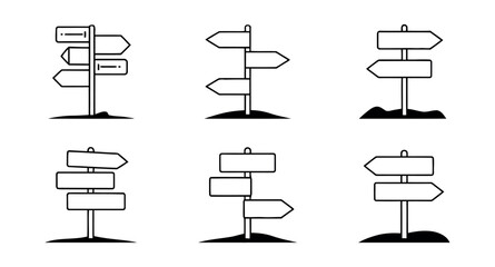 Collection of vector signpost illustrations with multiple directional signs. © Richol