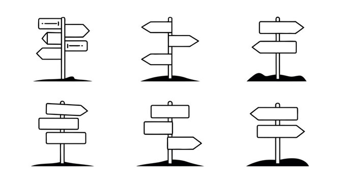 Collection of vector signpost illustrations with multiple directional signs.