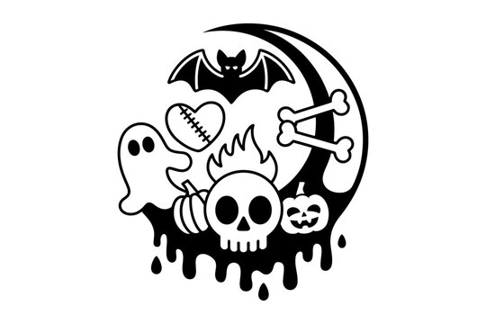 Vector of halloween symbols including a ghost bat and skull