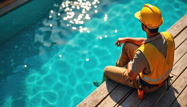 Construction worker in yellow vest and helmet sits on wooden deck by blue pool. Man takes break from job, enjoys sunlight and water. Worker relaxes after hard day.