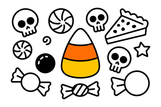Vector of halloween-themed candies with skulls and a slice of pie