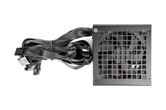 Computer power supply unit isolated on white background. Power supply for motherboard computer.	
