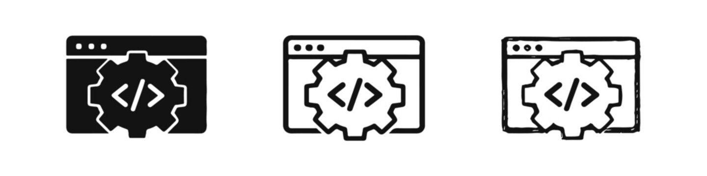 Web Development Settings Icon Set: Browser window with gear and code brackets in three styles.