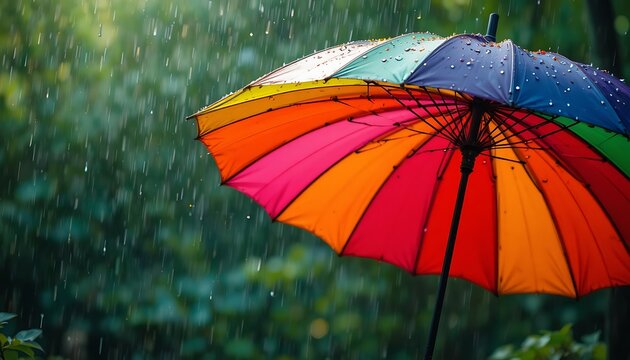 Vibrant umbrella standing out amidst a soft rain in a lush green forest. april showers umbrella