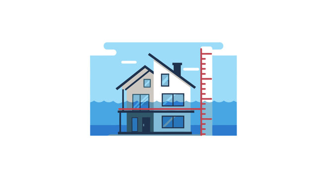 Rising sea levels, flooded house, climate change, vector illustration