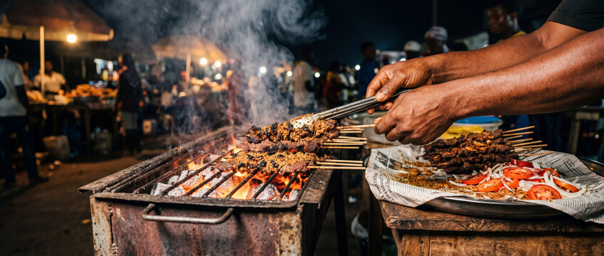 Rich atmospheric documentary food photograph of West African suya skewers charring over glowing coals at a night market &mdash; dramatic coal light, curling smoke, and authentic hands-on preparation capture