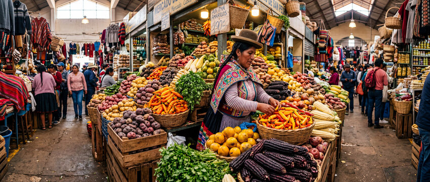 Vibrant documentary-style photograph inside a traditional Peruvian mercado &mdash; abundant native potato varieties, vivid aji amarillo peppers, purple chicha corn, and golden lucuma fruits in woven baskets