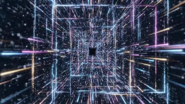 Abstract futuristic digital tunnel with vibrant light streams, representing the flow of data and information in cyberspace