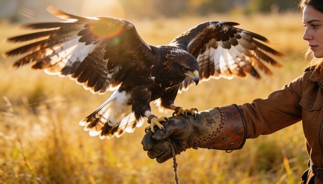 Landing large raptor gripping leather gauntlet in golden grass, showing jesses and brown jacket