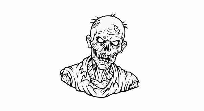Detailed black and white illustration of a decaying zombie head and shoulders