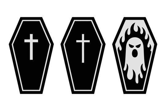 Vector of three black coffins with crosses and a ghost in flames inside one