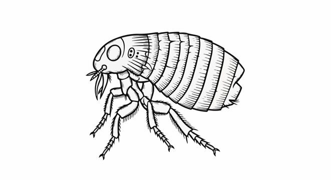 Detailed black and white sketch of a flea with segmented body and legs