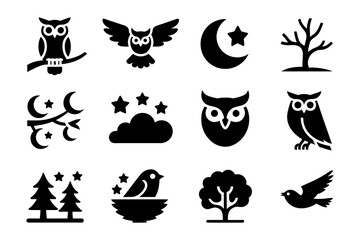 Obraz premium Collection of vector silhouettes featuring owls and nature elements