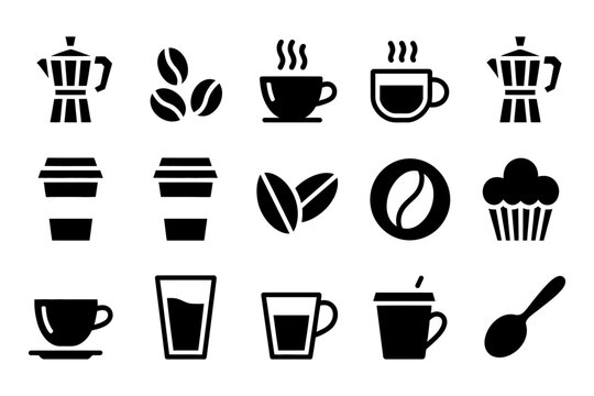 Set of simple vector icons representing various coffee-related items and symbols.