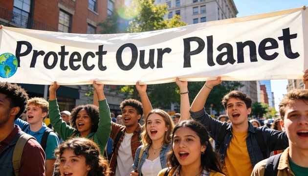 Marching protesters holding Protect Our Planet banner on downtown street, chanting, wearing hoodies