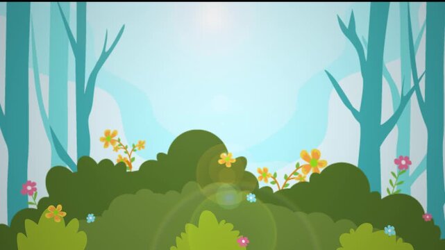 A zoom out animation video featuring a lush forest with beautiful flower bushes blooming in the warm, bright spring sunshine, perfect for seasonal introductory videos and nature documentaries.