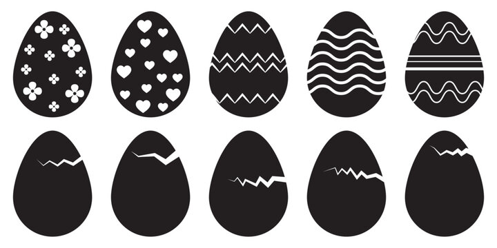 Easter egg icon set in vector silhouette style featuring decorative white patterns for holiday artwork and EPS design templates.