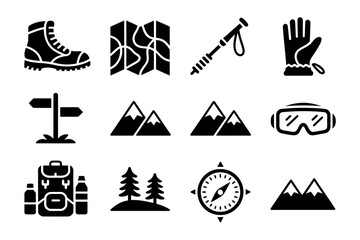 Vector graphic illustration of various hiking and outdoor adventure icons in black © Richol