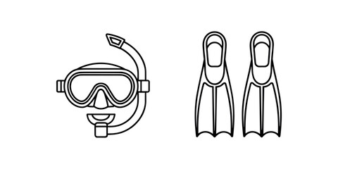 Black outline snorkel mask and pair of fins on white background diving mask flippers © Tania