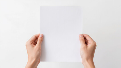 Obraz premium Hands Holding Blank Vertical White Paper Sheet on Clean Background