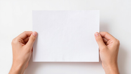 Obraz premium Hands Holding Blank White Paper Sheet on Clean Background