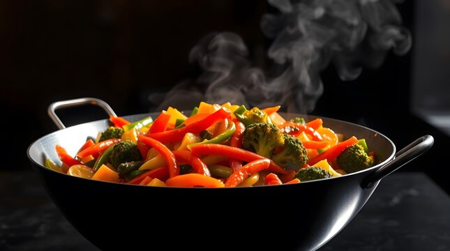 Colorful mixed vegetables cooking in pan on rustic wooden table

