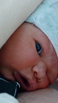 Cute face of a newborn looking with one opened eye. Child lies on the naked dad's chest. Close up. Vertical video