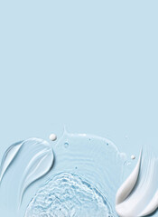 Obraz na płótnie Canvas cosmetic cream smears, smooth and shiny texture, water texture ripple wave clean transparent water drops abstract blue background