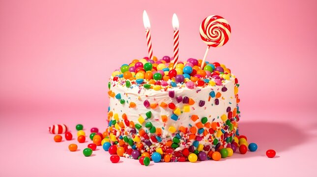 Pink birthday cupcake with burning candle and colorful sprinkles on pastel background

