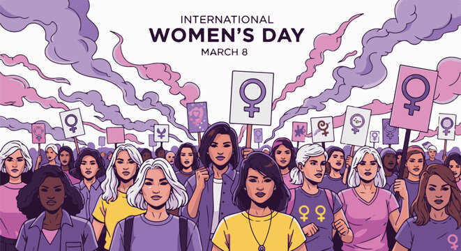 Diverse women march with signs on International Women's Day, purple smoke above