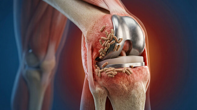 Infected knee joint prosthesis with bacterial biofilm, orthopedic infection concept