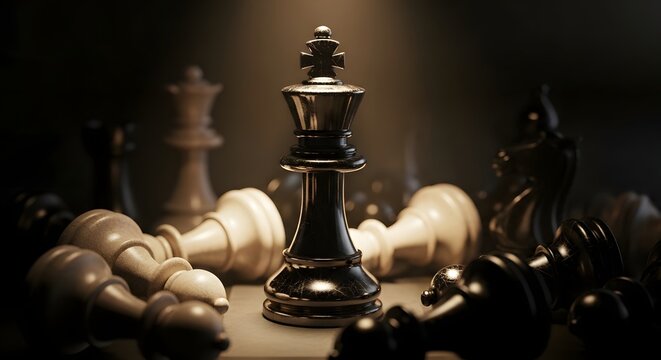 Chess king stands tall in the center of a dark board as fallen pieces lie scattered around the game area.