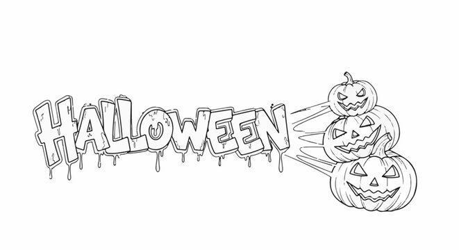 Dripping Halloween lettering and a stack of carved pumpkins, black outline illustration