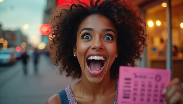 Woman gasps in pure joy holding a pink lottery ticket on a busy city street. She has won big with an ecstatic expression and wide eyes. Her curls frame a happy face.