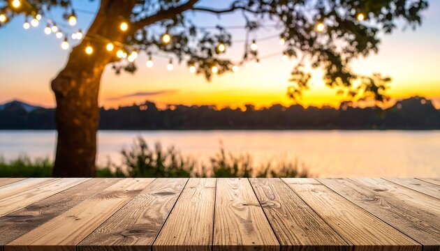 Wooden Table with Sunset View and String Lights.