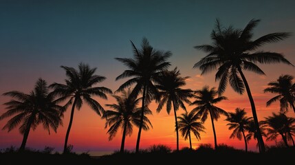 Obraz premium A serene tropical landscape with silhouetted palm trees against a vibrant sunset sky