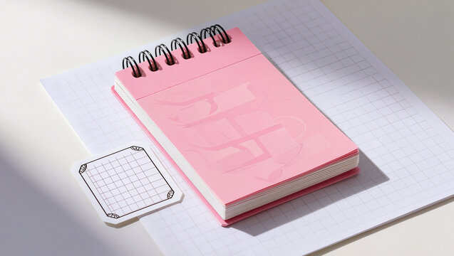 Pink Notepad with Grid Paper and Decorative Sticker