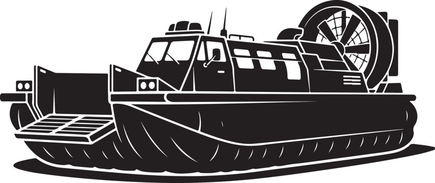 Black hovercraft, air cushion vehicle, vector illustration, transportation icon