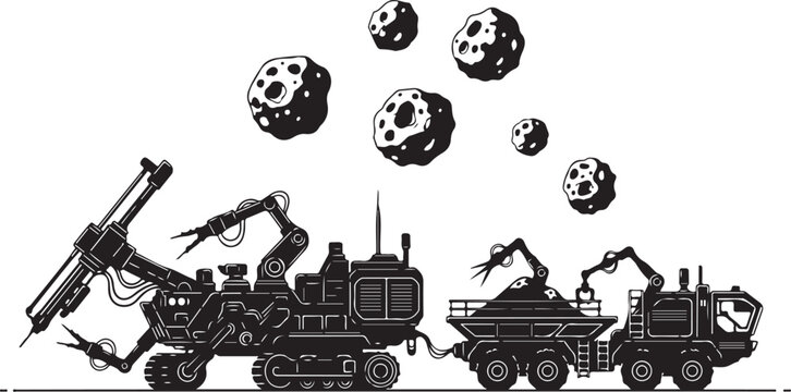 Industrial mining machines, heavy equipment, excavators, trucks, skulls, black and white vector