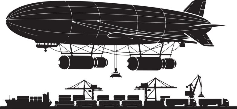 Black blimp airship, industrial port cargo, silhouette vector graphics, transportation icons