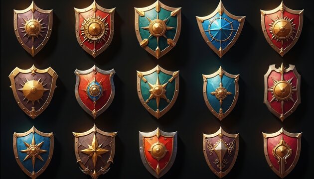 Collection of diverse medieval fantasy shields with ornate gold trim and vibrant colors arranged on a dark backdrop. Offers protection and adds heroic flair. Great for game assets.
