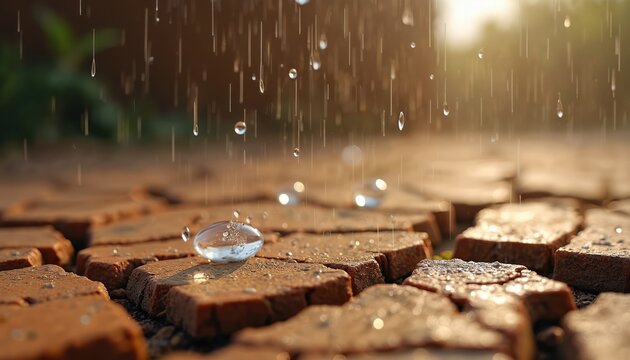 Raindrops fall on dry cracked earth and bricks. Water makes arid ground wet, showing nature comeback after drought. Sunlight streams through falling drops.