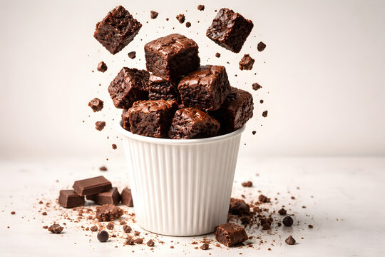 Creative floating brownies cup concept showing suspended crumbs and dynamic chocolate dessert presentation for contemporary stock visuals